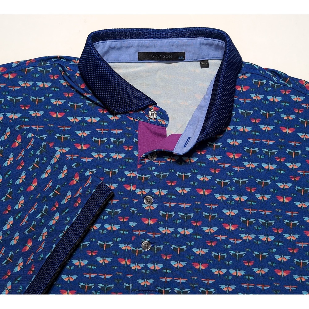 GREYSON Polo Shirt Mens XXL 2XL Blue Excellent Dragonfly Print Golf Top
